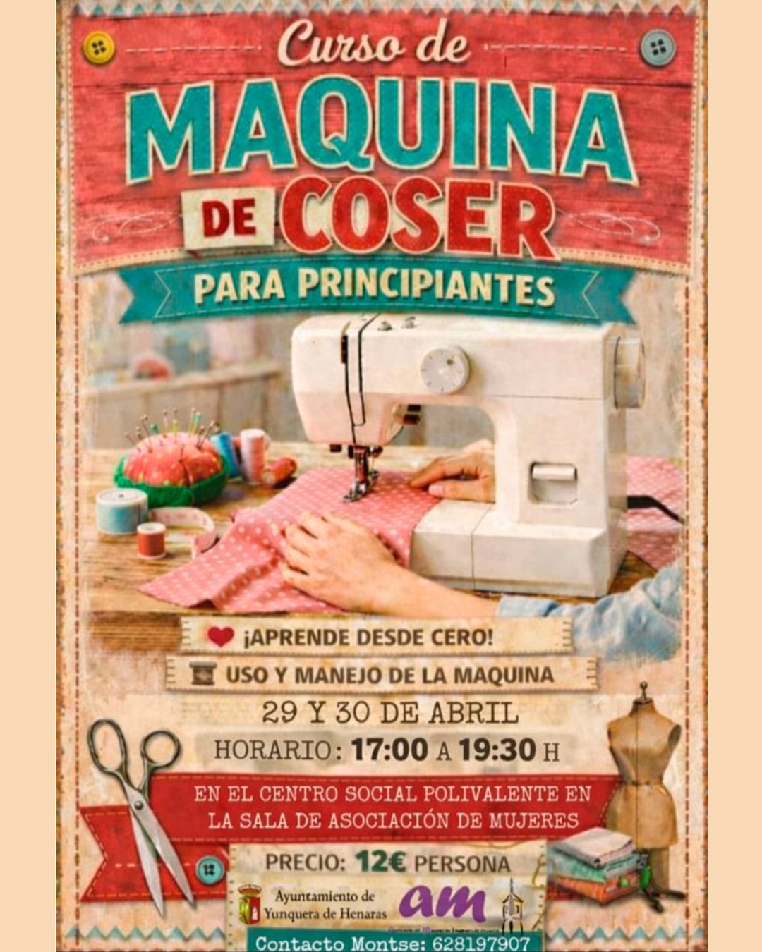 Curso de máquina de coser para principiantes en Yunquera de Henares
