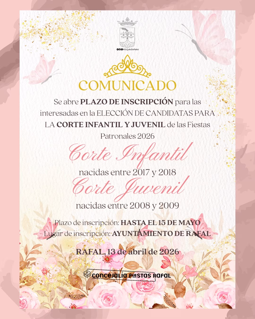 Plazo de inscripción para la Corte Infantil y Juvenil de las Fiestas Patronales 2026 en Rafal