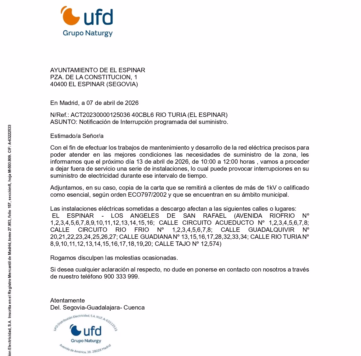 Interrupción programada del suministro eléctrico en El Espinar