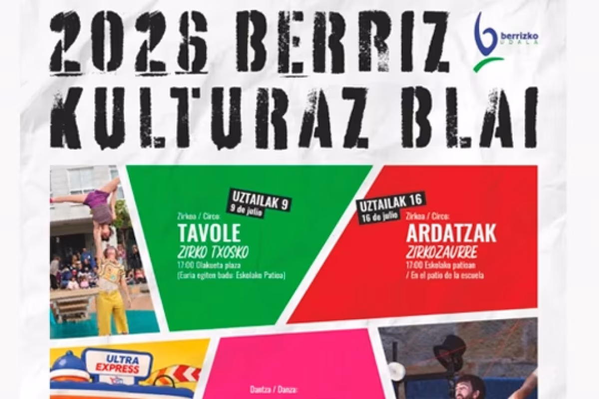 Cartel de Berriz Kulturaz Blai 2026 - programación cultural de verano en Berriz en Berriz