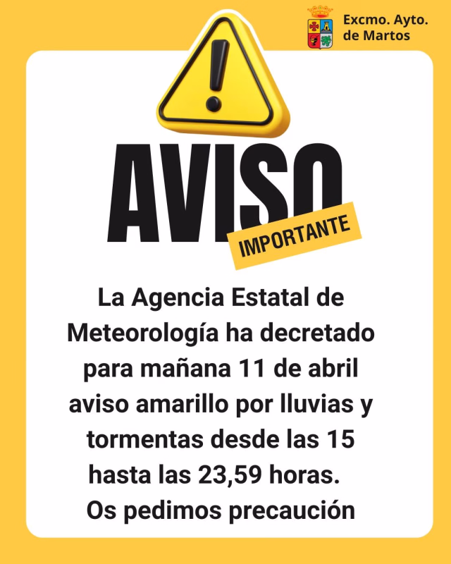 Aviso por lluvias y tormentas en Martos
