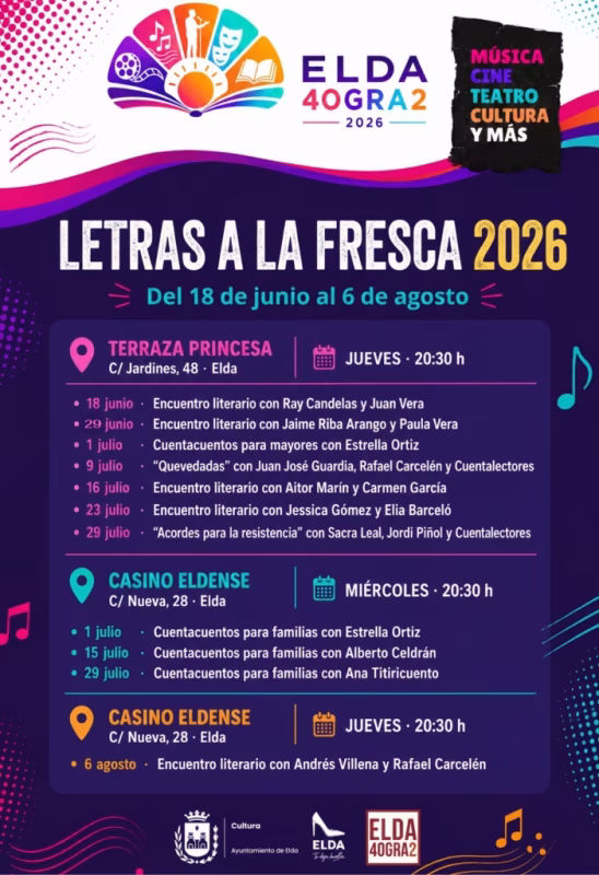 Cartel de Elda 40GRA2 · Letras a la fresca · Cuenta cuentos para familias con Alberto Celdrán en Elda