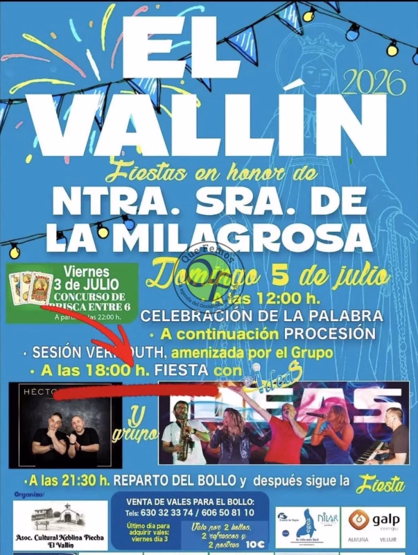 Cartel de Fiesta en honor a Nuestra Señora de la Milagrosa 2026 en El Vallín en Valdés