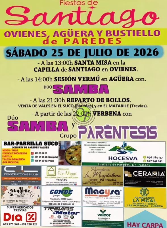 Cartel de Fiestas de Santiago en Ovienes, Agüera y Bustiello de Paredes 2026 en Valdés