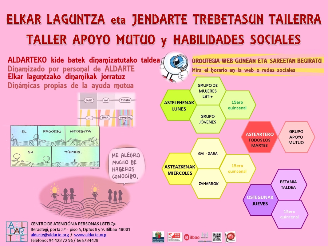 GRUPOS DE APOYO MUTUO y SOCIALIZACIÓN PARA PERSONAS LGTBIQ+ de ALDARTE en Bilbao
