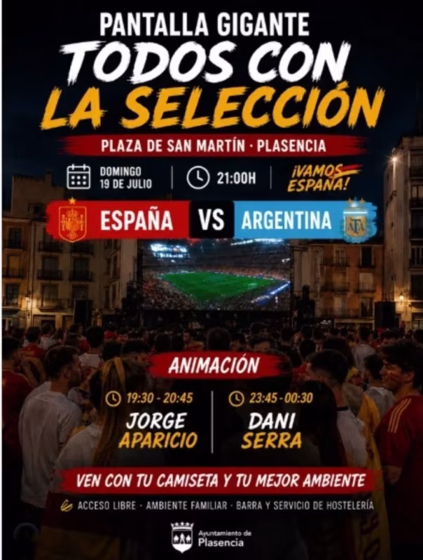 Pantalla gigante en Plasencia para ver la final del Mundial 2026 en Plasencia