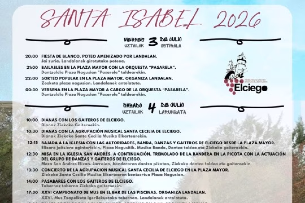Programa Fiestas de Santa Isabel 2026 en Elciego en Elciego