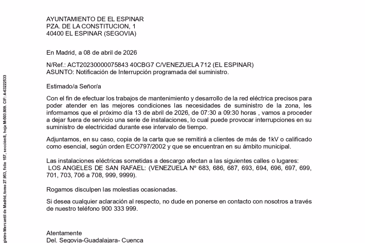 Interrupción programada del suministro eléctrico en El Espinar