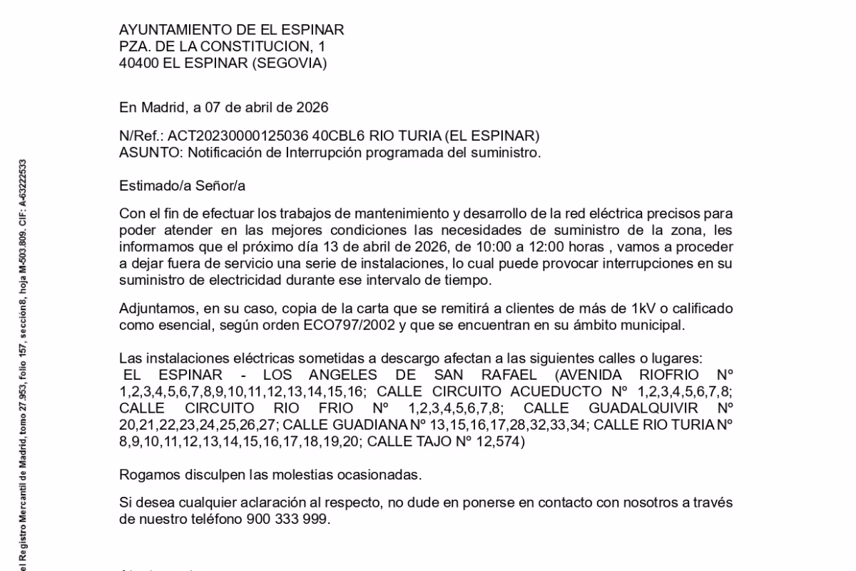 Interrupción programada del suministro eléctrico en El Espinar