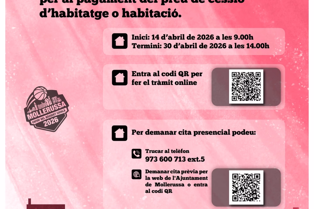 Ajut al pagament del lloguer i ajut al pagament del preu de cessió d'habitatge o habitació en Mollerussa
