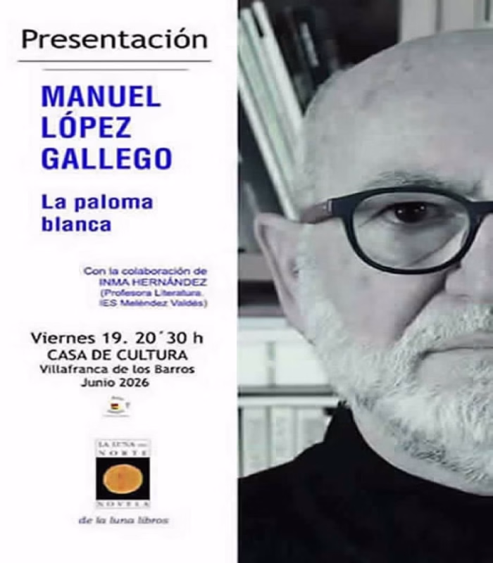 Presentación en Villafranca de los Barros de la novela La paloma blanca de Manuel López Gallego en Salvatierra de los Barros
